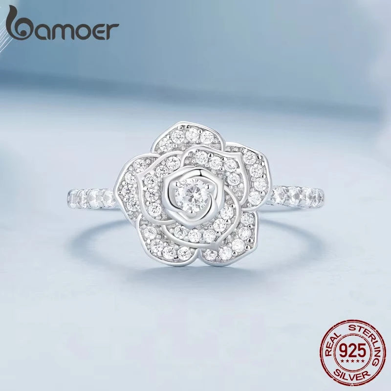 bamoer 925 Sterling Silver Luxury Flower Ring Delicate Clear Rose Ring Pave Setting CZ for Women Fine Jewelry Gift