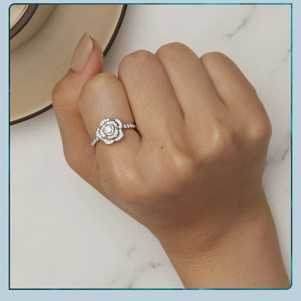 bamoer 925 Sterling Silver Luxury Flower Ring Delicate Clear Rose Ring Pave Setting CZ for Women Fine Jewelry Gift