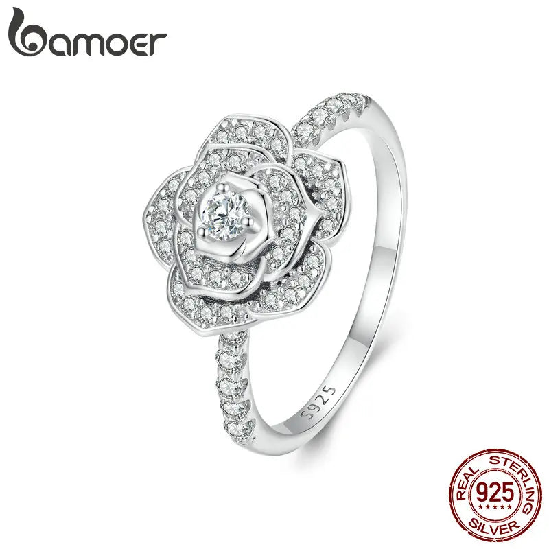 bamoer 925 Sterling Silver Luxury Flower Ring Delicate Clear Rose Ring Pave Setting CZ for Women Fine Jewelry Gift
