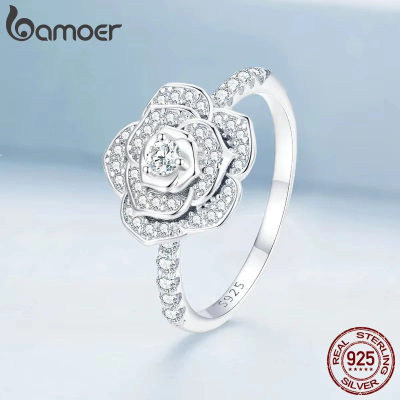 bamoer 925 Sterling Silver Luxury Flower Ring Delicate Clear Rose Ring Pave Setting CZ for Women Fine Jewelry Gift
