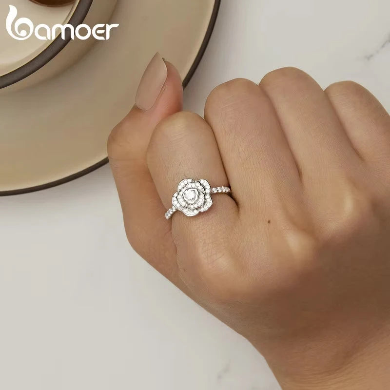 bamoer 925 Sterling Silver Luxury Flower Ring Delicate Clear Rose Ring Pave Setting CZ for Women Fine Jewelry Gift
