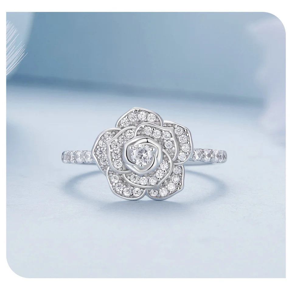 bamoer 925 Sterling Silver Luxury Flower Ring Delicate Clear Rose Ring Pave Setting CZ for Women Fine Jewelry Gift