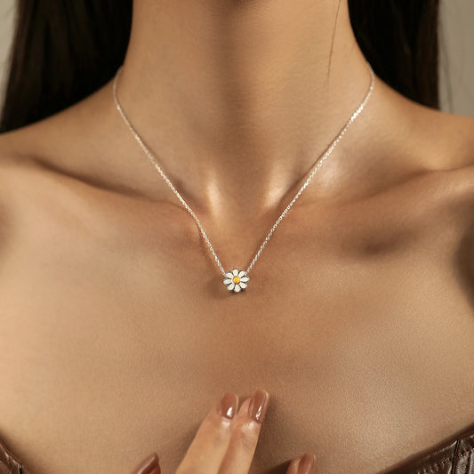 Weißer Enamel - Blumen Anhänger Halskette - 925 Sterling Silber