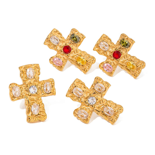 Kreuz Ohrringe - goldfarben mit Zirkonia Steinen - multicolor