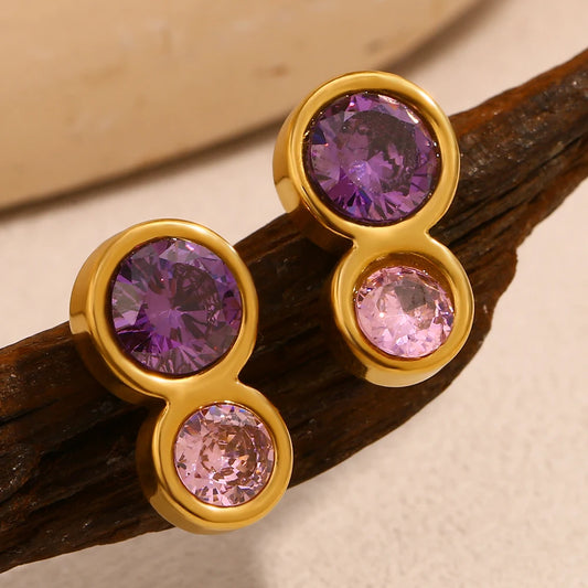 Double Circle Ohrringe - Gold - Zirkonia Steine Pink & Violett